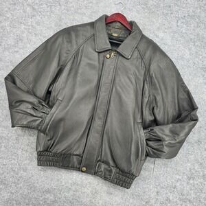 Euro Mond Black Leather Bomber Jacket Removable Faux Fur Lining Mens L XL